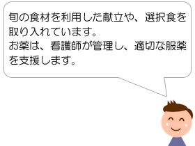 旬の食材を利用した献立や、選択食を取り入れています。お薬は、看護師が管理し、適切な服薬を支援します。