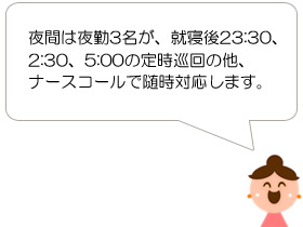 夜間は夜勤3名が、就寝後23:30、2:30、5:00の定時巡回の他、ナースコールで随時対応します。